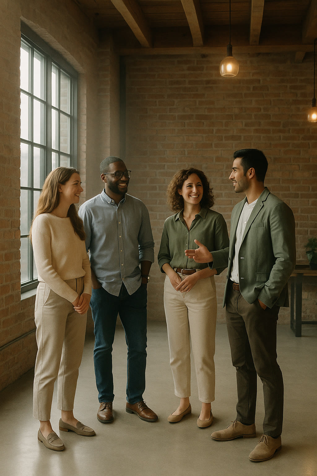 A small group of colleagues talking together by tall loft windows