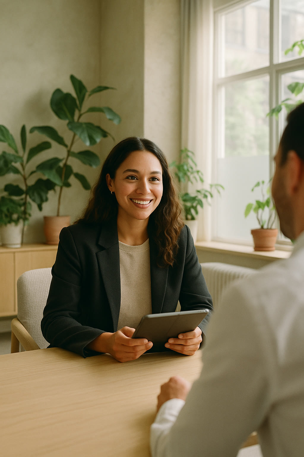 A team member smiling during a conversation