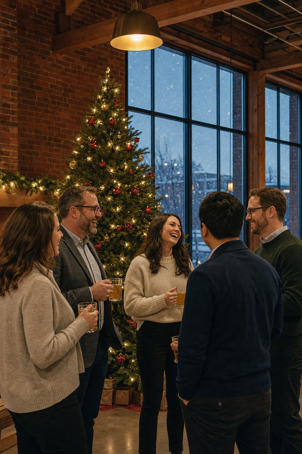 Colleagues laughing over hot cider beside a lit Christmas tree in a brick loft office, snow falling outside