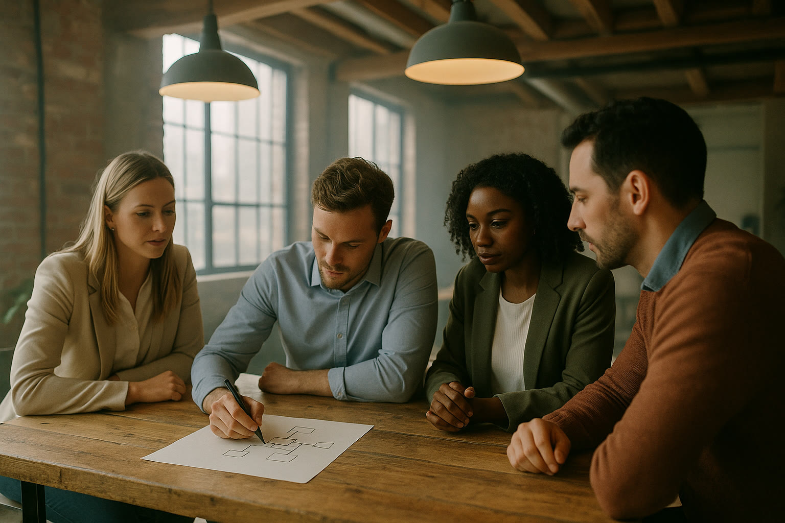 A team debrief around a wooden table